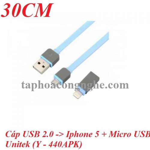 Unitek 98477 Y-440APK 30CM Màu Xanh Dây dẹp Cáp sạc + truyền dữ liệu Usb 2.0 sang Lightning + Micro Usb 30098477